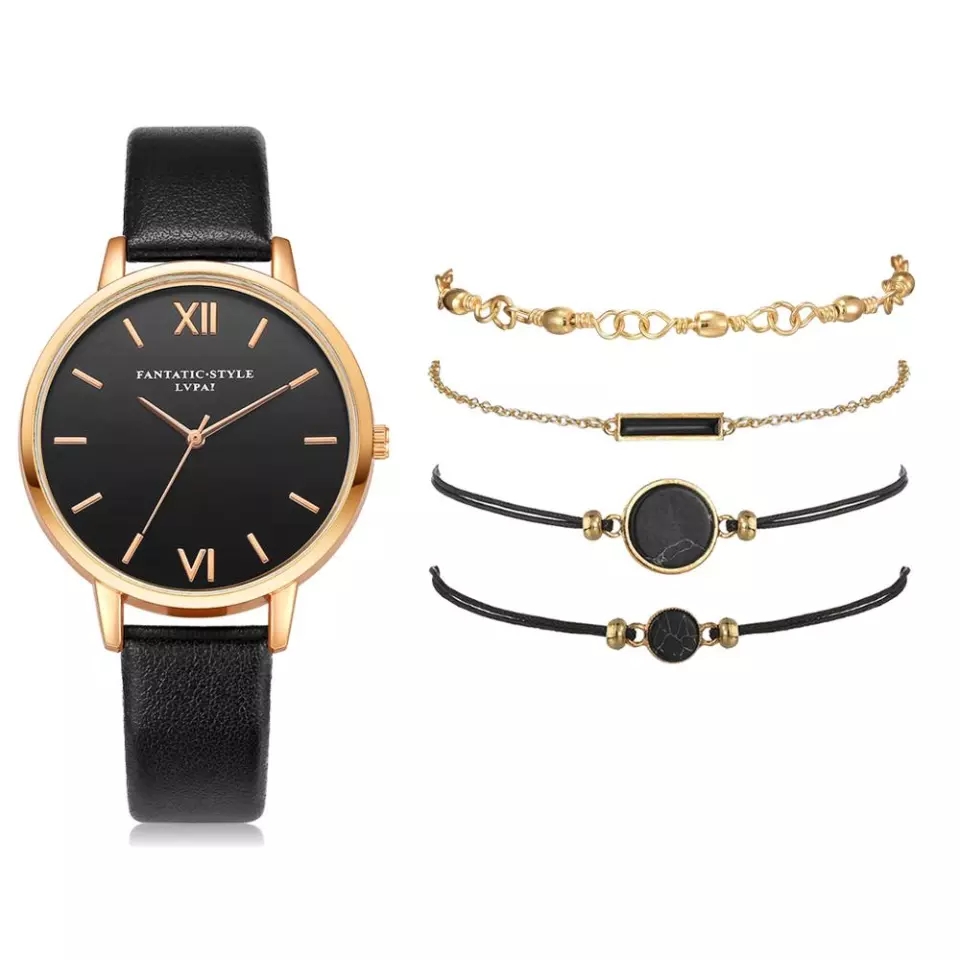 5pcs Set Women's Luxury Leather Band Analog Quartz Wrist Watch - Image 4